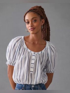Anthropologie Pilcro White and Blue Striped Puff Sleeve Henley Blouse